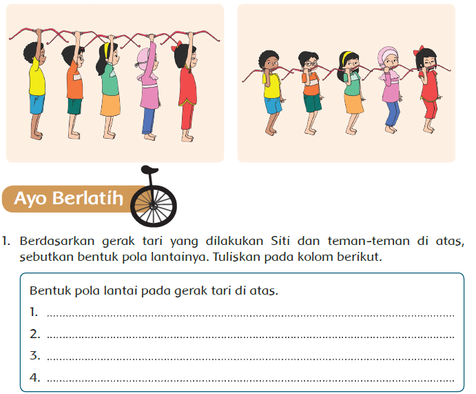 Berdasarkan gerak tari yang dilakukan Siti dan teman-teman di atas, sebutkan bentuk pola lantainya Jawaban Buku Siswa Kelas 5 Tema 9 Halaman 109