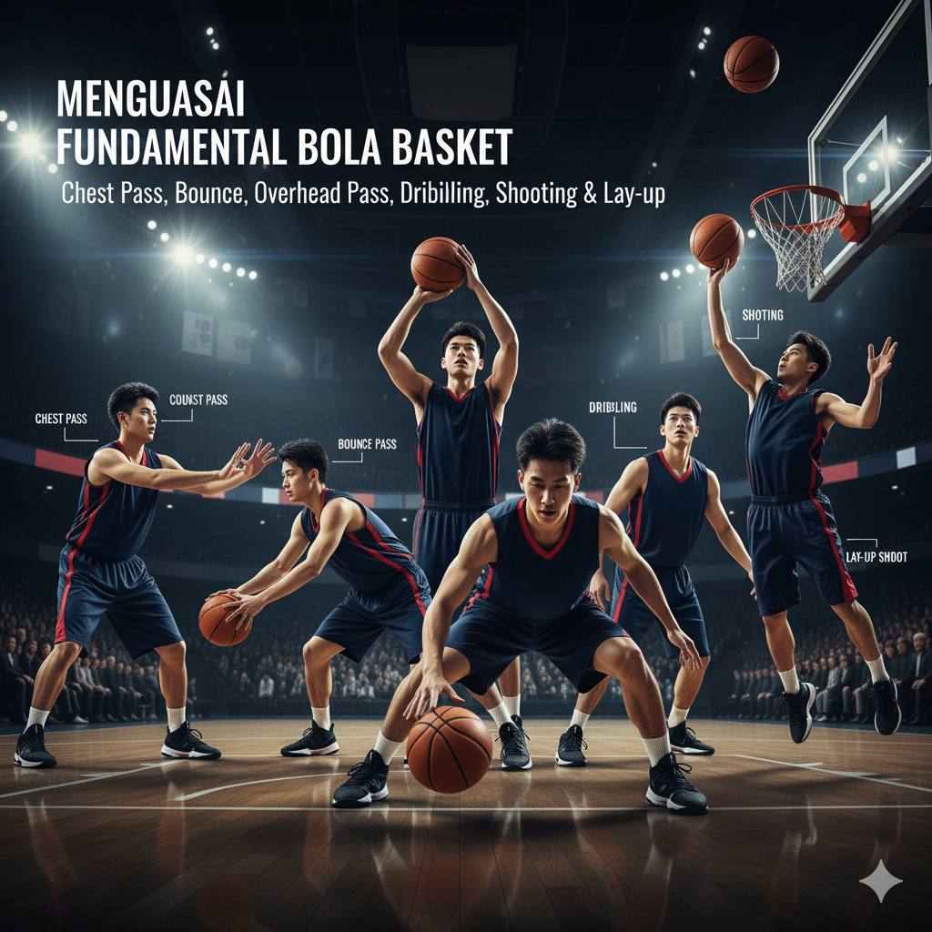 Tehnik - tehnik dalam permainan Bola Basket, Chest Pass, Bounce Pass, Overhead Pass, dan cara passing, dribbling, shooting, hingga lay-up shoot.